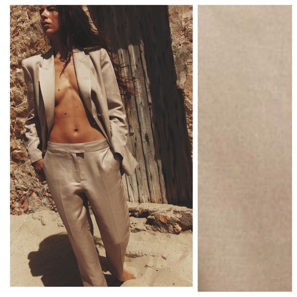 NWT. Zara Beige Viscose/Linen Blend Slim Fit High-Waisted Trousers. Size M. - Picture 1 of 9